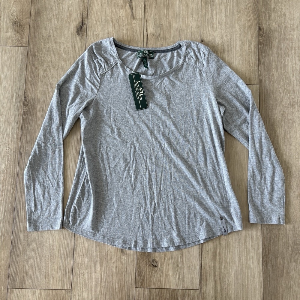 NWT LRL Lauren Ralph Lauren Active Shirt Womens Large L Gray Long Sleeve
